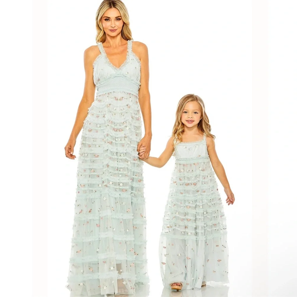 Mac Duggal Girls Ruffled Floral Embroidered Gown - Picture 15 of 15